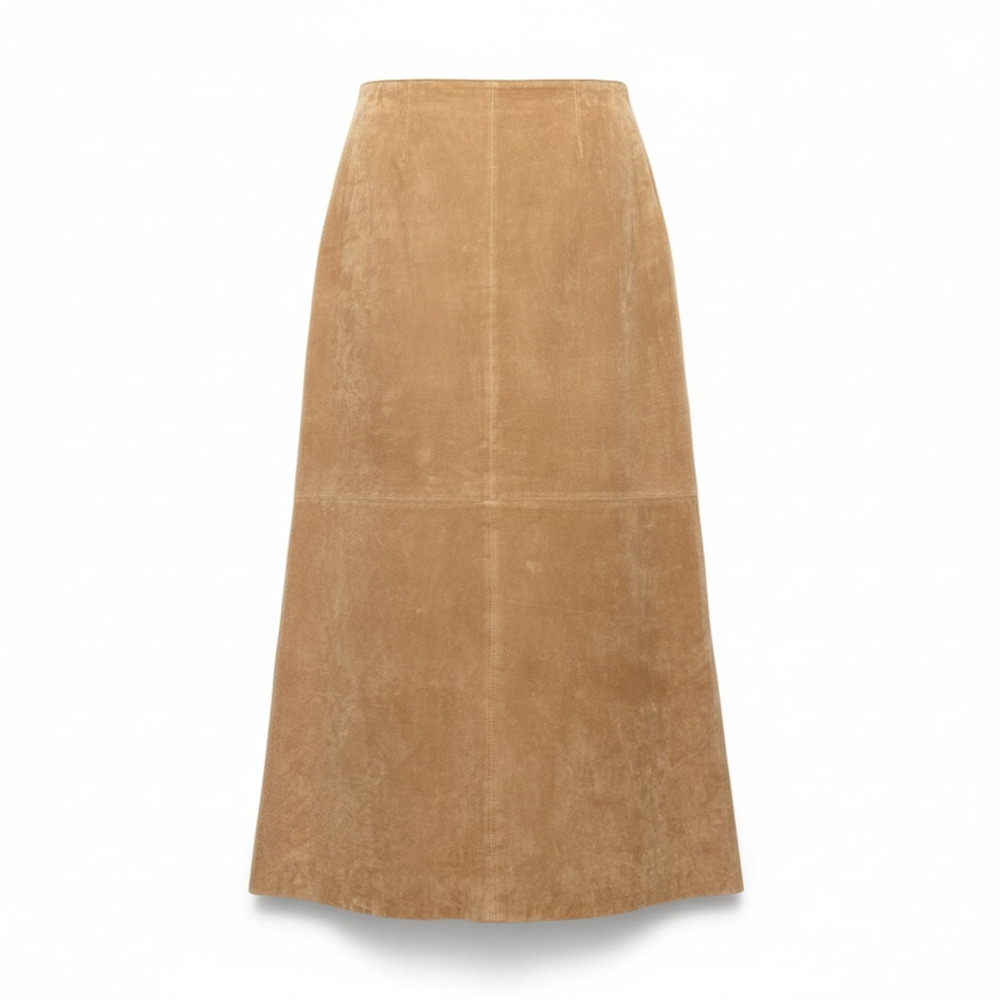 Vintage Camel Suede Long Skirt Sz 12 Brown Leather Boho Western Quiet Luxury